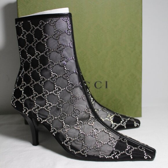 NWB Gucci GG Crystal Mesh Kitten Heel Boots Booties Black Nero 39.5 750228 - Picture 1 of 9